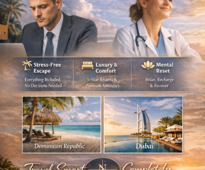 Poster-style travel ad: a lawyer and doctor sit against a sunset sky with service panels, then two photo tiles (Dominican Republic and Dubai) and a poolside scene at bottom, branding for Nexus Voyages.