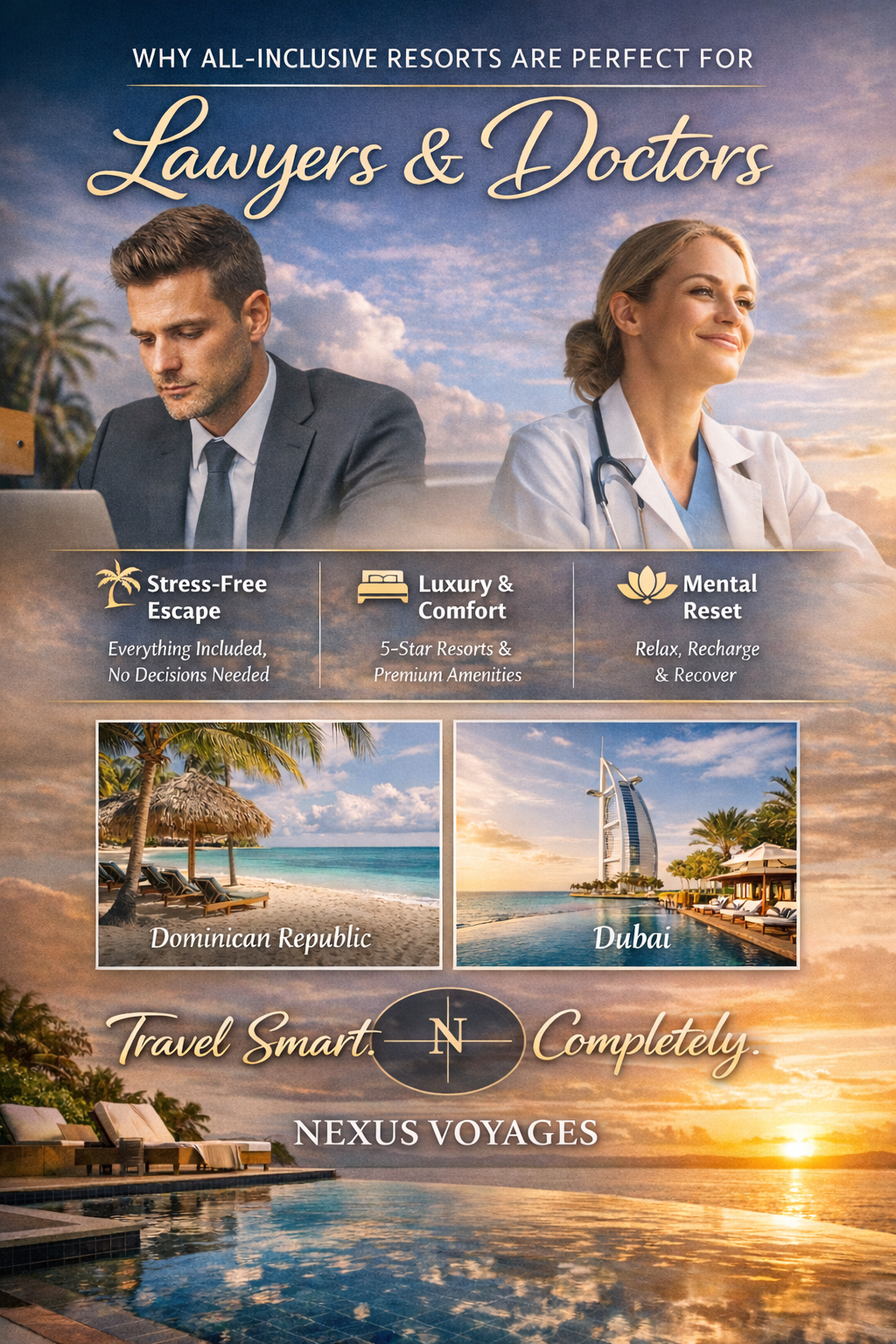 Poster-style travel ad: a lawyer and doctor sit against a sunset sky with service panels, then two photo tiles (Dominican Republic and Dubai) and a poolside scene at bottom, branding for Nexus Voyages.